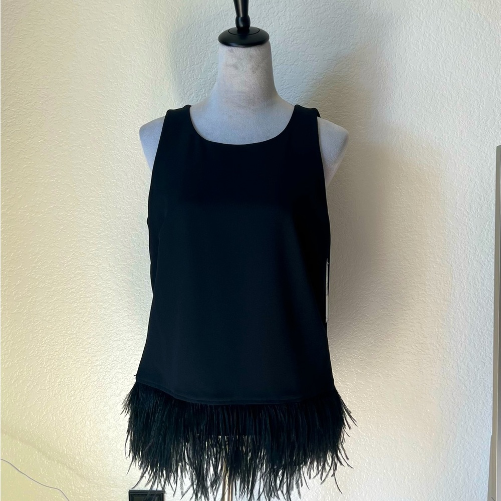 TAHARI ARTHUR S. LEVINE black sleeveless top w/feathered trim Size Medium NWT